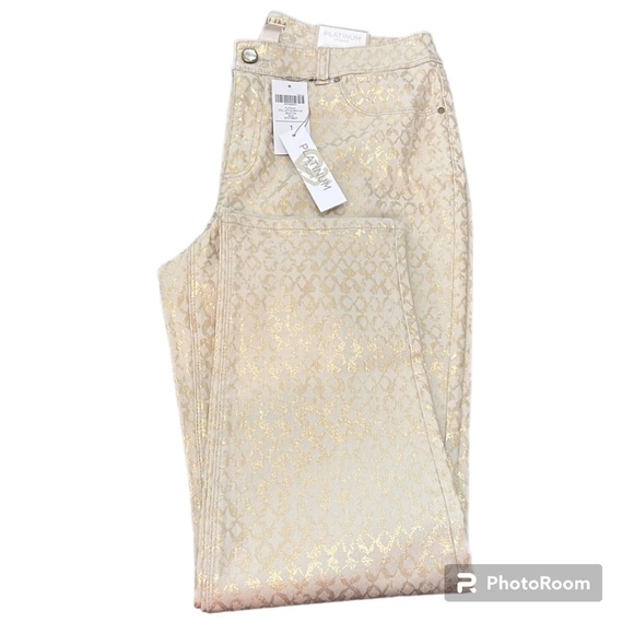 Chicos beige platinum denim ankle pants with metallic gold lattice design - Picture 3 of 16
